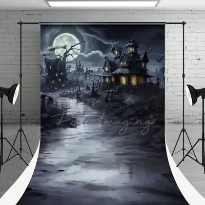 Moon Black Haunted House Halloween Photo Backdrop - Aperturee