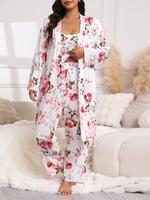 【Plus Size】 Floral Print Belted Robe & Cami Top & Elastic Waist Pants Pyjama Set, Chic Elegant Comfy Drop Shoulder Long S...