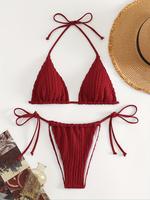 Two-piece Set Women's Solid Color Textured Halter Triangle Bikini Set, Fashion Casual Tie Back Backless Bikini Top & Tie Side...