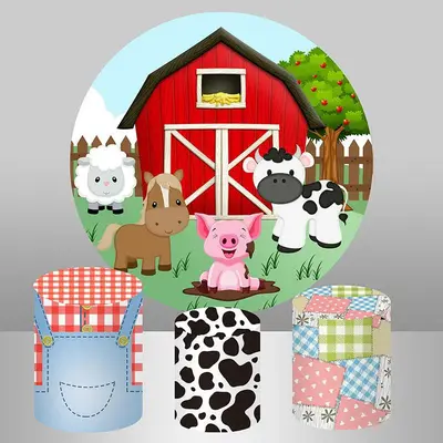 Aperturee Red Farm Cute Animals Round Kid Birthday Party Backdrop | Circle Party Backdrop | Round Party Backdrop | Circular B...