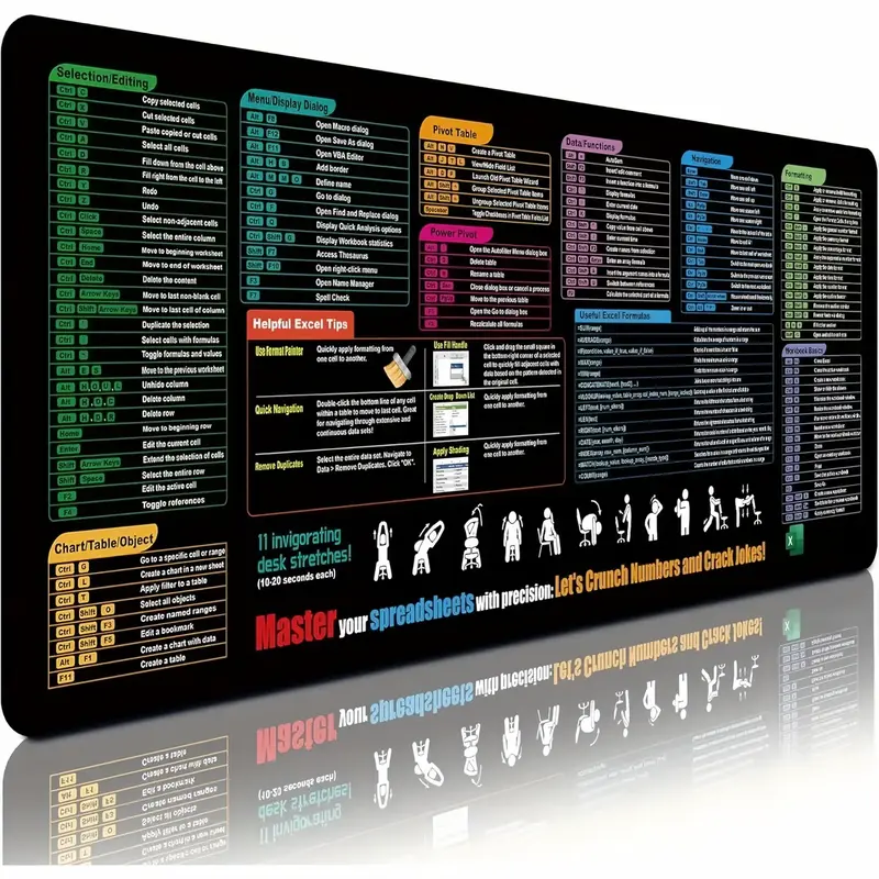 Excel Cheat Sheet Desk Pad, Updated Shortcuts Mouse Pad (31.5x11.8) | Keyboard Shortcut & XL Gaming Desk Mat for Office C...