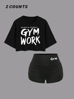 Women's Letter Print Crop Tee & High Waist Shorts Gym Workout Set, Casual Fashion Cozy Breathable Two-piece Outfits for Daily...