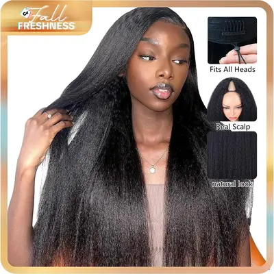 STERLY V Part Kinky Straight Human Hair Wig Yaki Straight Human Hair Wigs for Black Women Upgrade U part Wig No Leave Out 12A...