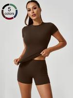 Two-Piece Set Women's Solid Top & High Waist Shorts Tracksuit Set, Sporty Casual Breathable Sportswear Set for Yoga Gym Worko...