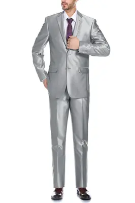 Sharkskin Slim Fit Two-Button Men's Suit with Optional Vest - Silver Grey