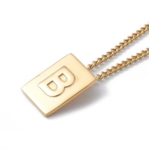 Stainless Steel Initial Letter Rectangle Pendant Necklace for Men Women