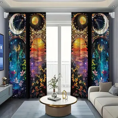 Sun & Moon Pattern Curtain, 1 Pair Colorful Oil Painting Landscape Pattern Rod Pocket Curtain, Home Decor for Bedroom, Living...