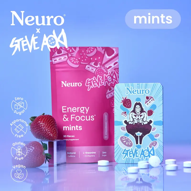 Neuro x Steve Aoki Energy & Focus Mints (Limited Edition) – Strawberry Cake Flavor – Natural Caffeine + B-Vitamins - 90 P...