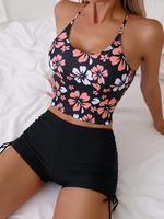 Women's Floral Print Drawstring Waist Tankini Sets, Swimming Ring Linked Swim Crop Tank Top & High Waist Swim Shorts, Bathing...