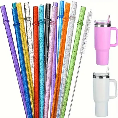 Reusable Glitter Straws with Straw Brush, 12pcs/set Random Color Long Straw for Stanley Cup, Drinking Straws for Home Kitchen...