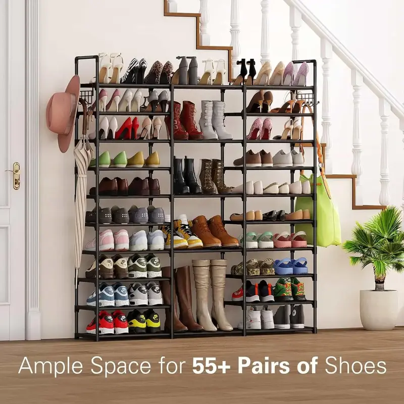 Tall Shoe Rack Organizer: 10 Tier Vertical Shoe Rack Shelf, Holds 55-65 Pairs Shoes and Boots, Free Standing for Closet or En...