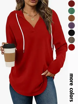 Women's Hoode V-neck Lightweight Red Sports Shirt Long Sleeved Top 2025 Spring Loose Style Comfortable Design Women's T-shirt...