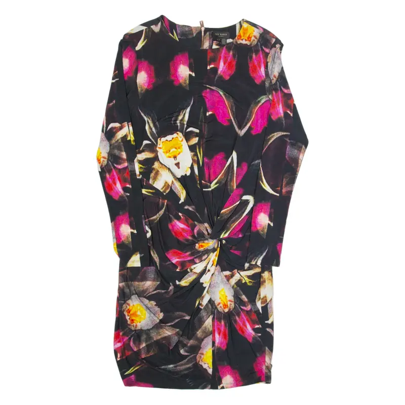 TED BAKER Womens Bodycon Dress Black Crazy Pattern Long Sleeve Knee Length M