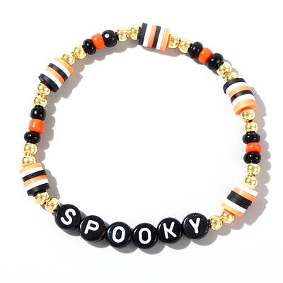 Adjustable Halloween Punk Style SPOOKY Polymer Clay & Brass Stretch Beaded Bracelets in Black