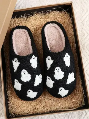 Women's Cute Cartoon Ghost Design Plush Slippers, Warm Soft Comfortable Slippers for Indoor & Outdoor Use for Fall & Winter