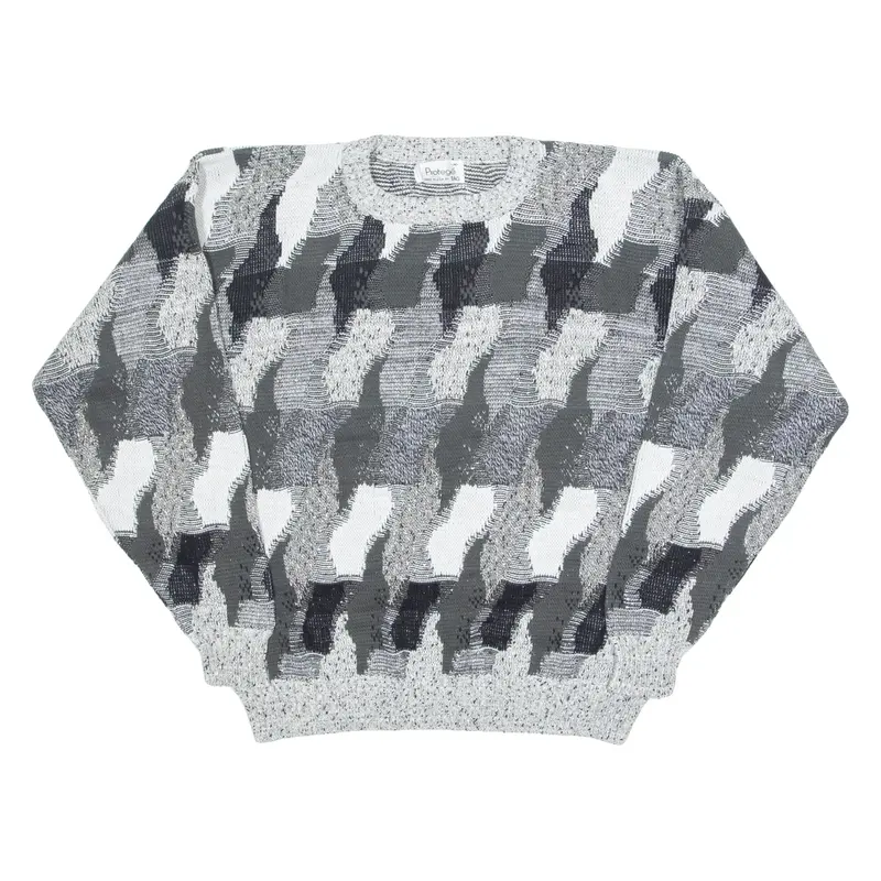 PROTEGE Mens Patterned Jumper Grey Crazy Pattern 90s Tight Knit M