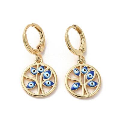 Tree with Evil Eye Real 18K Gold Plated Brass Dangle Leverback Earrings