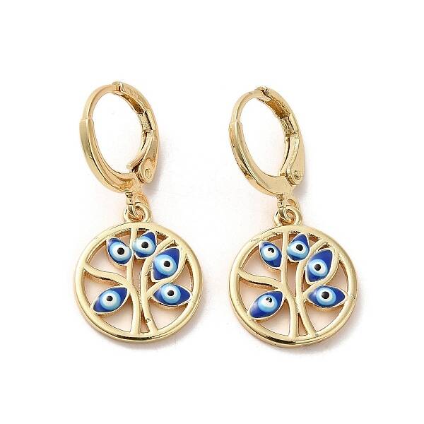 Tree with Evil Eye Real 18K Gold Plated Brass Dangle Leverback Earrings
