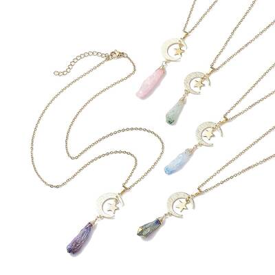 Electroplated Natural Quartz Crystal with Moon and Star Pendant Necklaces