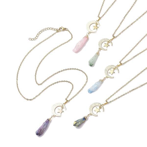 Electroplated Natural Quartz Crystal with Moon and Star Pendant Necklaces