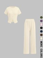Women's Solid Ribbed Crop Top & Wide Leg Pants Two-piece Set, Casual Fashion Cozy Top & Trousers for Daily Outdoor Wear, Ladi...
