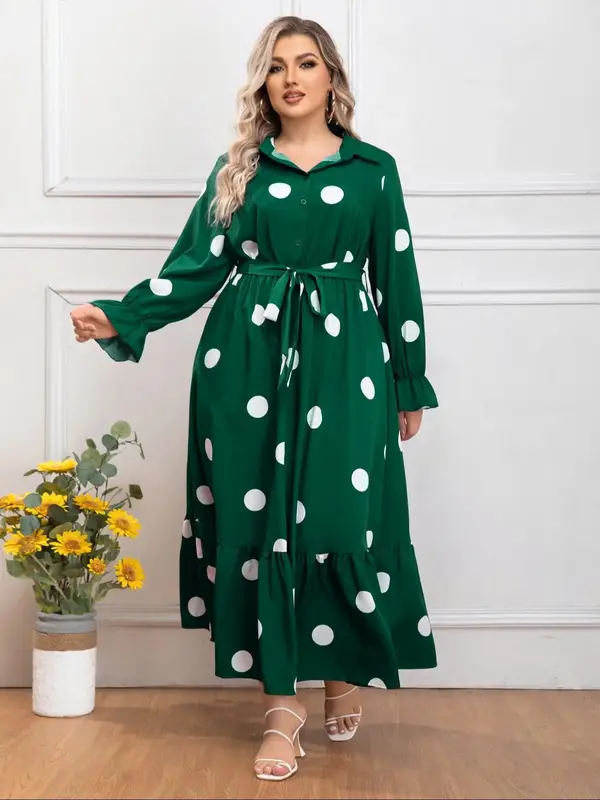 Plus Size Polka Dot Print Button Front Ruffle Hem Belted Shirt Dress, Elegant Fashion Flounce Sleeve Long Dress for Daily Out...