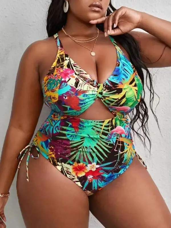 Plus Size Tropical Print Criss Cross Cut Out One-piece Swimsuit, Boho Tie Side Sleeveless Swimwear For Beach Holiday Vacation...