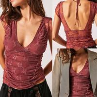 Women Sexy Basic Floral Lace T-Shirts Backless Summer Cap Sleeve Tops Casual Pullovers for Streetwear Aesthetic Clothes,Y2K