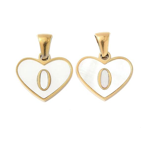 304 Stainless Steel Pave Natural White Shell Heart with Initial Slice Pendants