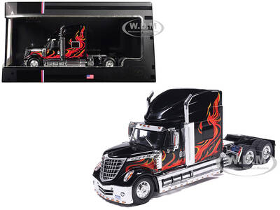 2010 International Lonestar Truck Tractor Black with Flame Graphics 1/64 Diecast Model by IXO Models