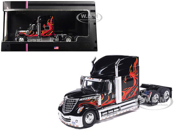 2010 International Lonestar Truck Tractor Black with Flame Graphics 1/64 Diecast Model by IXO Models