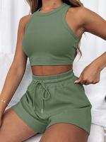Two-piece Set Women's Solid Ribbed Crop Tank Top & Drawstring Waist Shorts, Casual Sleeveless Top & Pocket Shorts for Summer,...