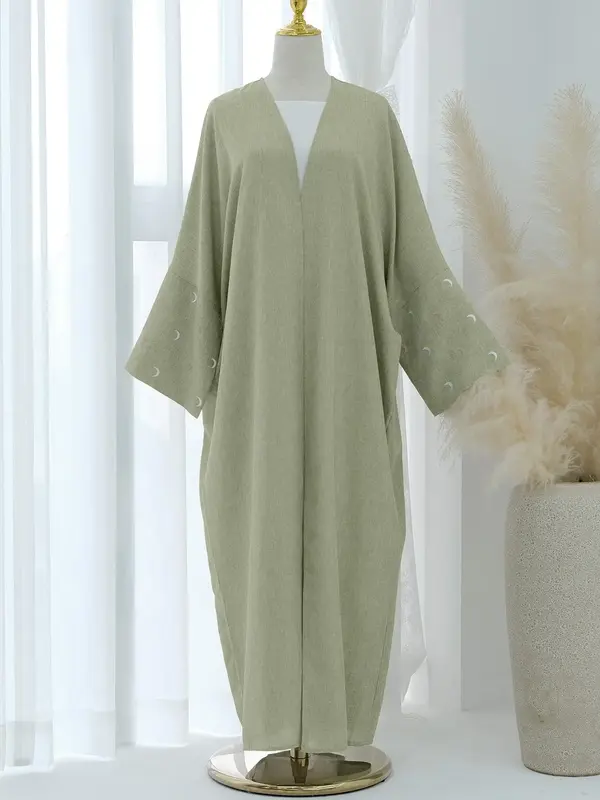Women's Moon Embroidery Batwing Sleeve Abaya without Scarf, Modest Open Front Long Sleeve Arabic Clothing, Ladies Islamic Cl...