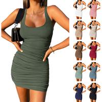 Tankaneo Womens Summer Bodycon Mini Dress Scoop Neck Ruched Sleeveless Ribbed Knit Casual Party Club Short Tank Dress