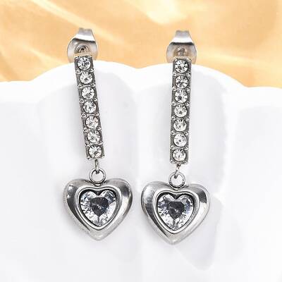 304 Stainless Steel Rhinestone Heart Dangle Stud Earrings