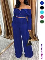 Women's Solid Off Shoulder Top & Wide Leg Pants Set, Elegant Loose Fashion Casual Two Piece Outfits for Daily Outdoor Wear, C...