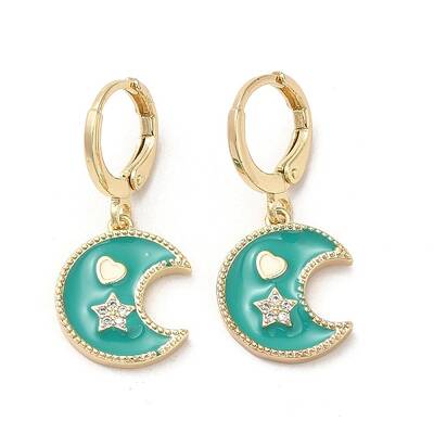 Moon & Star Real 18K Gold Plated Brass Dangle Leverback Earrings