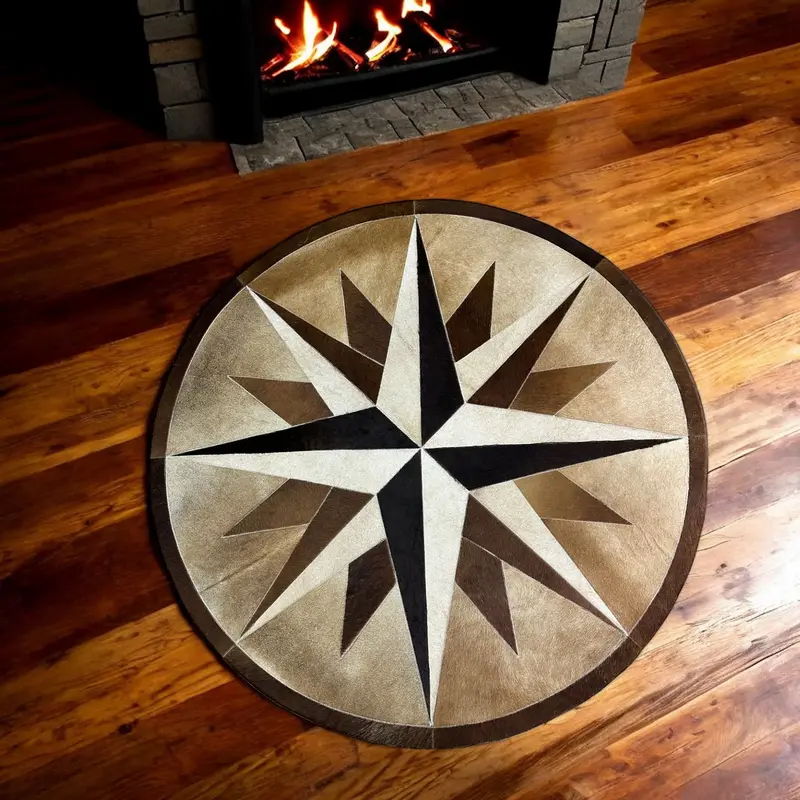 Cowhide Patchwork Round Rug, Flower, Spiral, Compass, Star, Moon, Buffalo and Horn Shape Round Rugs