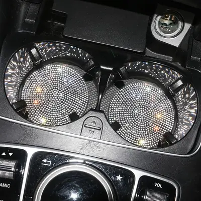 Rhinestone Decor Round Car Coaster, 1 Pair Glitter Decor Anti-slip Car Cup Holder Mat, Fashion Car Interior Accessories for W...