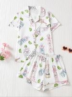 Women's Cartoon Bottle Print Shirt & Elastic Waist Shorts Pajama, Casual Comfy Short Sleeve Button Top & Shorts Pajama Set, L...