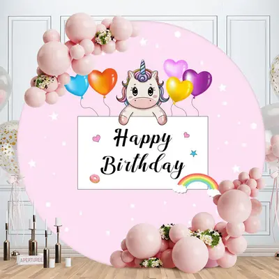 Aperturee Circle Little Unicorn And Ballon Round Birthday Backdrop