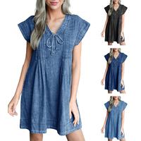 Ebifin Womens Denim Mini Dress Casual Summer Cap Sleeve Tie V Neck Loose Babydoll Jean Dresses