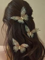 Double Layer Tulle Butterfly Hair Clips for Galentine's Party Style, Faux Pearl Decoration, Retro Design Temperament Bangs Ha...