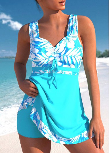 Modlily Drawstring Floral Print Cyan Tankini Set - M