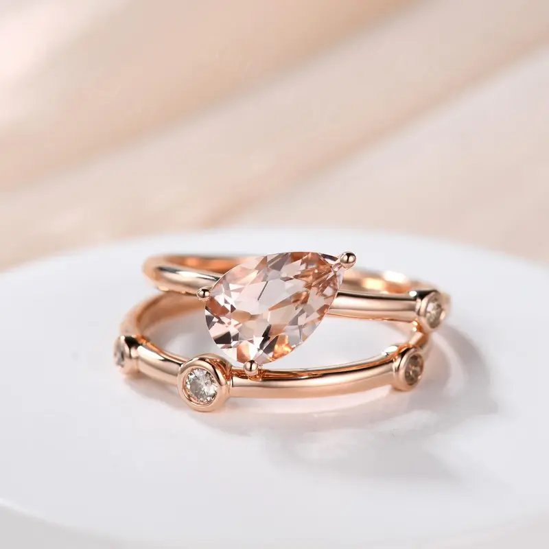 Unique 6x9mm Pear Shaped  Morganite Engagement Ring Set Coffee Drill