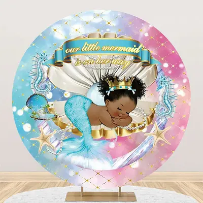 Blue Pink Little Mermaid Round Baby Shower Backdrop