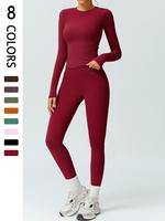 Women's Solid Long Sleeve Tee & High Waist Leggings Tracksuit Set, Sporty Round Neck Top & Skinny Pants Two-piece Set for Gym...