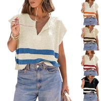 FMEYOA Womens Cap Sleeve Tops V Neck Striped Color Block Side Slit Loose Knit Summer Cropped Sweaters
