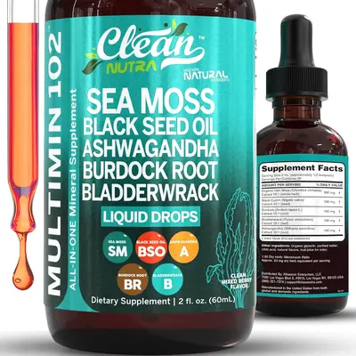 Clean Nutra Sea Moss Black Seed Oil Liquid Drops with Ashwagandha Burdock Root Bladderwrack - Multimineral Supplement Healthc...
