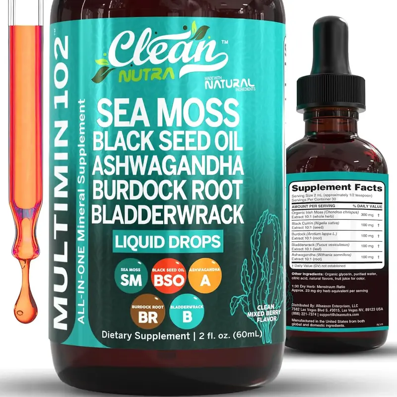 Clean Nutra Sea Moss Black Seed Oil Liquid Drops with Ashwagandha Burdock Root Bladderwrack - Multimineral Supplement Healthc...